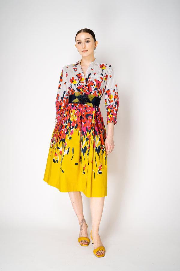 Sara Roka Midi Length 3/4 Sleeve Cotton Shirtdress in Red and Yellow Garden Print Vancouver. Shop Online or in Store.