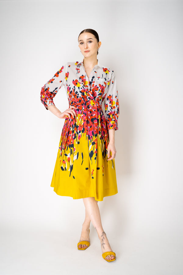Sara Roka Midi Length 3/4 Sleeve Cotton Shirtdress in Red and Yellow Garden Print Vancouver. Shop Online or in Store.