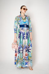 Sara Roka Shirtdress with Satin Pleated Skirt in Blue Flamingo Sky Print Vancouver. Shop Online or in Store.