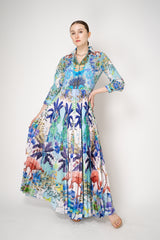 Sara Roka Shirtdress with Satin Pleated Skirt in Blue Flamingo Sky Print Vancouver. Shop Online or in Store.