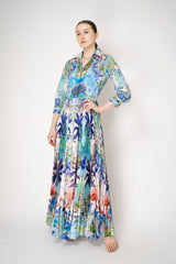 Sara Roka Shirtdress with Satin Pleated Skirt in Blue Flamingo Sky Print Vancouver. Shop Online or in Store.