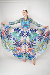 Sara Roka Shirtdress with Satin Pleated Skirt in Blue Flamingo Sky Print Vancouver. Shop Online or in Store.