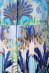 Sara Roka Shirtdress with Satin Pleated Skirt in Blue Flamingo Sky Print Vancouver. Shop Online or in Store.