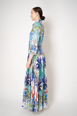 Sara Roka Shirtdress with Satin Pleated Skirt in Blue Flamingo Sky Print Vancouver. Shop Online or in Store.