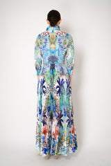 Sara Roka Shirtdress with Satin Pleated Skirt in Blue Flamingo Sky Print Vancouver. Shop Online or in Store.