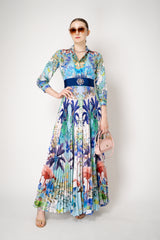 Sara Roka Shirtdress with Satin Pleated Skirt in Blue Flamingo Sky Print Vancouver. Shop Online or in Store.