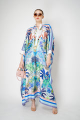 Sara Roka Silk Collared Kaftan Dress in Blue Flamingo Sky Print Vancouver. Shop Online or in Store.