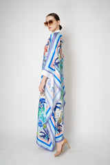 Sara Roka Silk Collared Kaftan Dress in Blue Flamingo Sky Print Vancouver. Shop Online or in Store.