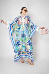 Sara Roka Silk Collared Kaftan Dress in Blue Flamingo Sky Print Vancouver. Shop Online or in Store.