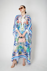 Sara Roka Silk Collared Kaftan Dress in Blue Flamingo Sky Print Vancouver. Shop Online or in Store.
