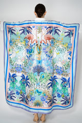 Sara Roka Silk Collared Kaftan Dress in Blue Flamingo Sky Print Vancouver. Shop Online or in Store.