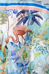 Sara Roka Silk Collared Kaftan Dress in Blue Flamingo Sky Print Vancouver. Shop Online or in Store.