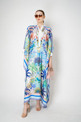 Sara Roka Silk Collared Kaftan Dress in Blue Flamingo Sky Print Vancouver. Shop Online or in Store.