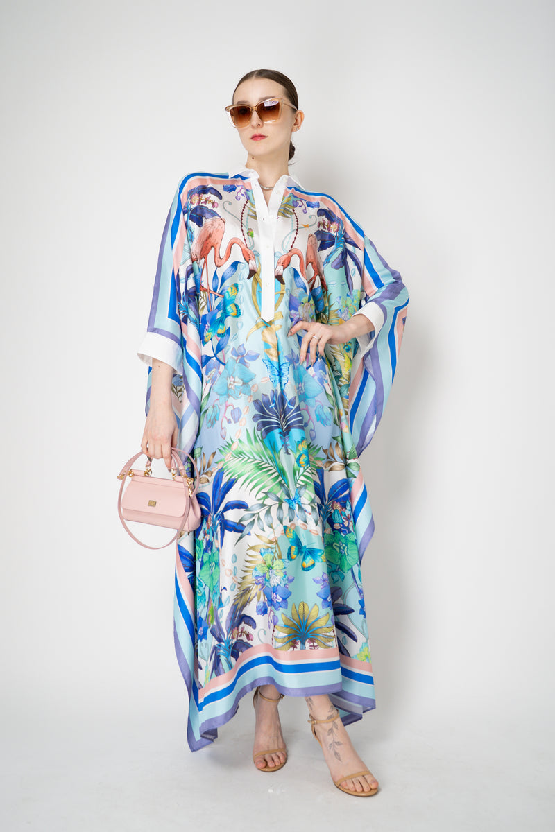 Sara Roka Silk Collared Kaftan Dress in Blue Flamingo Sky Print – Ashia Mode