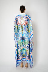 Sara Roka Silk Collared Kaftan Dress in Blue Flamingo Sky Print Vancouver. Shop Online or in Store.