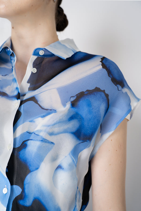 Sara Roka Silk Organza Layered Maxi Shirtdress in Blue Watercolour Print Vancouver. Shop Online or in Store.