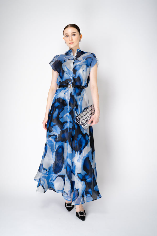 Sara Roka Silk Organza Layered Maxi Shirtdress in Blue Watercolour Print Vancouver. Shop Online or in Store.