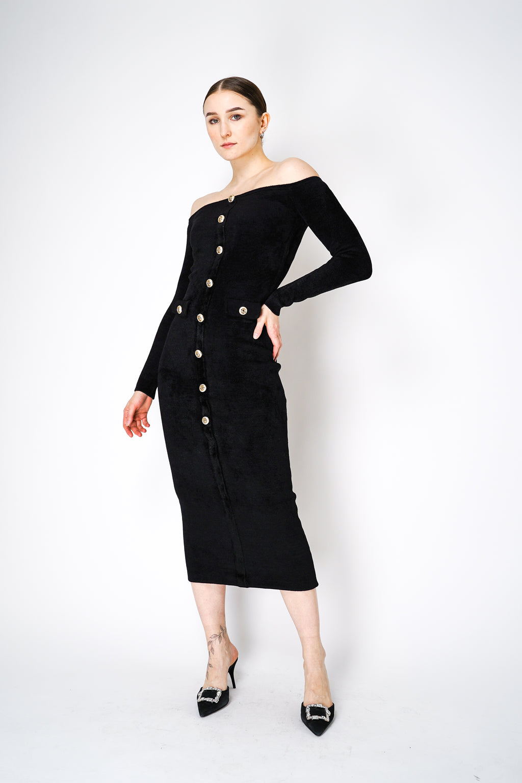 Self-Portrait Chenille Knit Midi Dress in Black – Ashia Mode