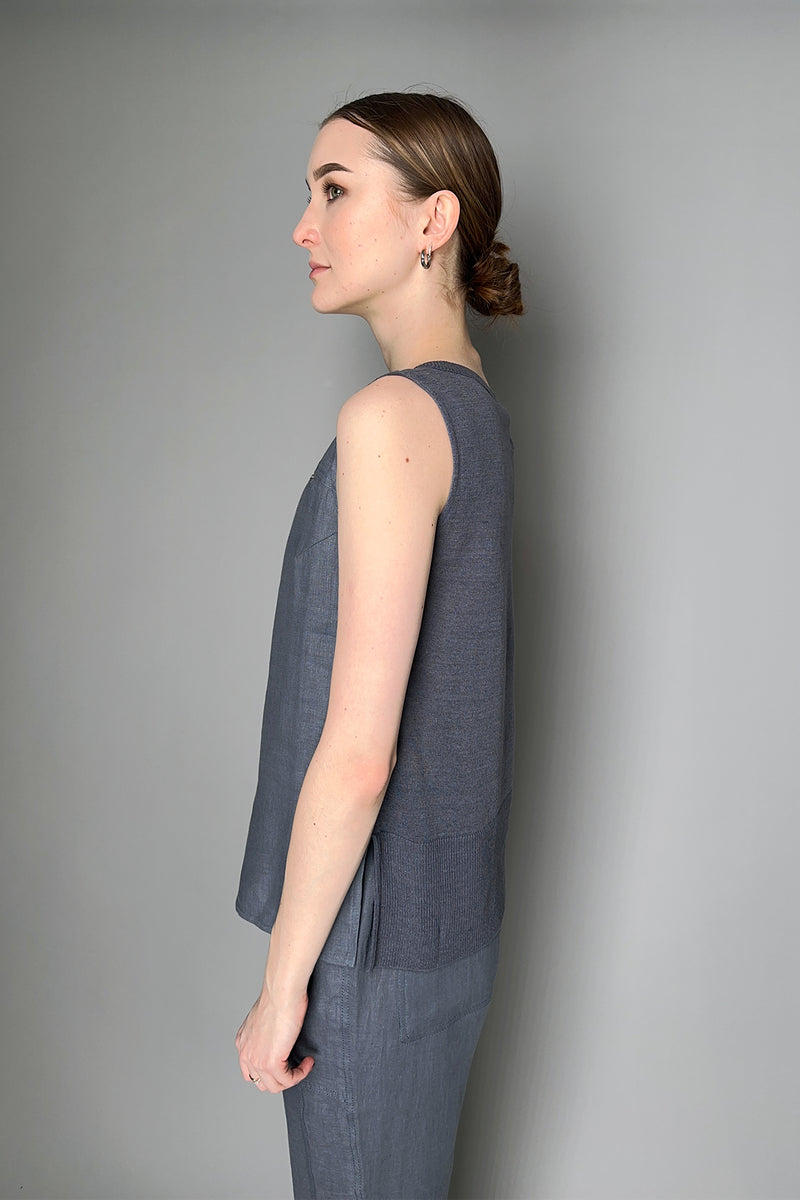 Tonet Linen Top with Stretchy Back in Steel Blue-Grey