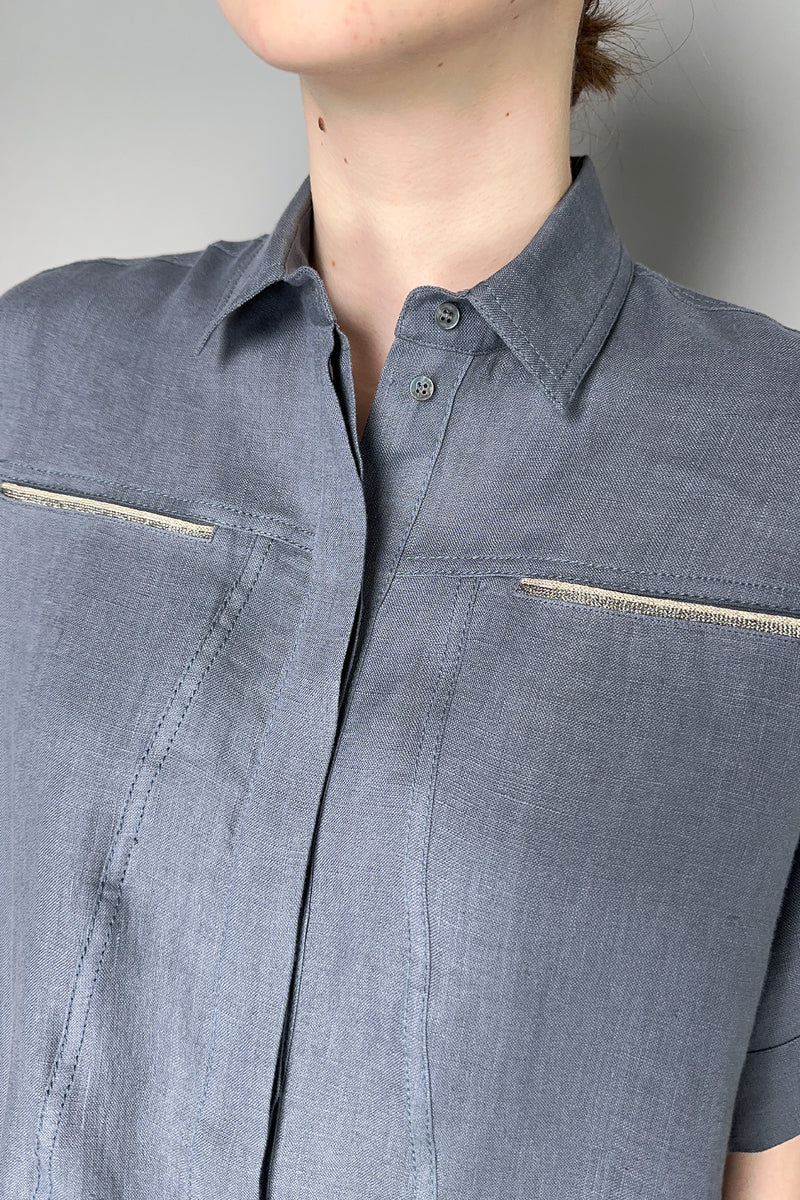 Tonet Short Sleeve Linen Button-Up Shirt in Steel Blue-Grey