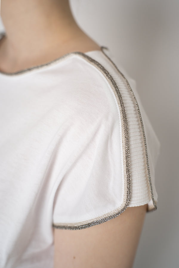 Tonet Cotton Short Sleeve T-Shirt with Lurex Contouring in White Vancouver. Shop Online or in Store.