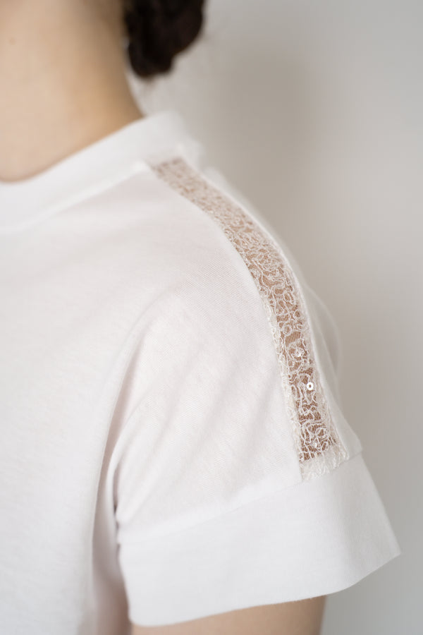 Tonet Cotton T-Shirt with Embellished Sequined Shoulders in White Vancouver. Shop Online or in Store.