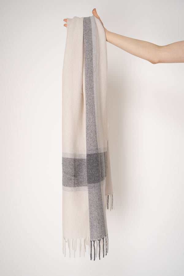 Tonet Wool Cashmere Clour Block Lurex Knit Scarf in Cream and Grey Vancouver. Shop Online or in Store.