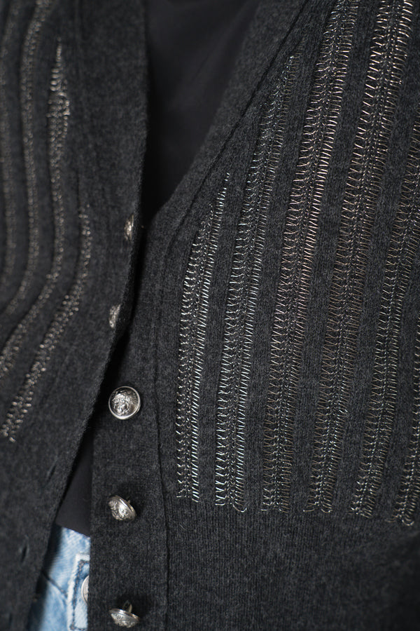 Tonet Wool Viscose Knit Ribbed Lurex V-Neck Cardigan in Dark Grey Vancouver. Shop Online or in Store.