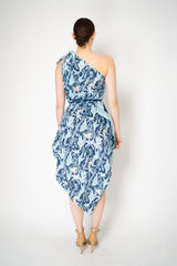 Verandah Bemberg Sateen Tie Scarf Dress in Blue Foliage Print Vancouver. Shop Online or in Store.