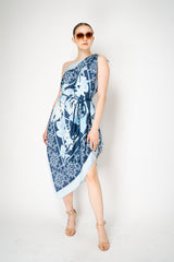 Verandah Bemberg Sateen Tie Scarf Dress in Blue Foliage Print Vancouver. Shop Online or in Store.