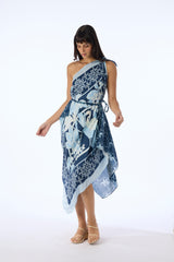 Verandah Bemberg Sateen Tie Scarf Dress in Blue Foliage Print Vancouver. Shop Online or in Store.