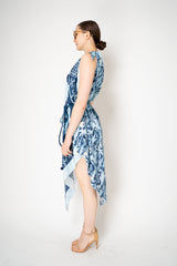 Verandah Bemberg Sateen Tie Scarf Dress in Blue Foliage Print Vancouver. Shop Online or in Store.