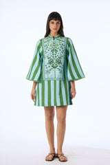 Verandah Cotton Hemp Bell Sleeve Mini Dress in Green and Blue Stripes Vancouver. Shop Online or in Store.