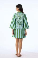 Verandah Cotton Hemp Bell Sleeve Mini Dress in Green and Blue Stripes Vancouver. Shop Online or in Store.