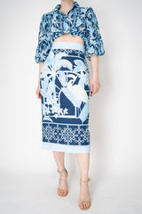 Verandah Cotton Linen Pencil Skirt in Blue Palm Print Vancouver. Shop Online or in Store.