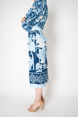 Verandah Cotton Linen Pencil Skirt in Blue Palm Print Vancouver. Shop Online or in Store.