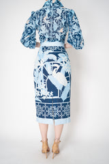 Verandah Cotton Linen Pencil Skirt in Blue Palm Print Vancouver. Shop Online or in Store.