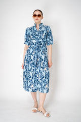 Verandah Cotton Poplin Balloon Sleeve Collared Shirt Dress in Blue Foliage Print Vancouver. Shop Online or in Store.
