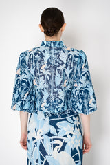 Verandah Cotton Voile Cropped Balloon Sleeve Top in Blue Foliage Print Vancouver. Shop Online or in Store.