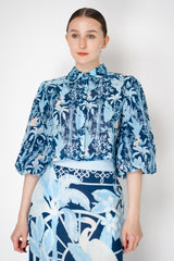 Verandah Cotton Voile Cropped Balloon Sleeve Top in Blue Foliage Print Vancouver. Shop Online or in Store.
