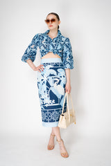 Verandah Cotton Voile Cropped Balloon Sleeve Top in Blue Foliage Print Vancouver. Shop Online or in Store.