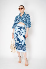 Verandah Cotton Voile Cropped Balloon Sleeve Top in Blue Foliage Print Vancouver. Shop Online or in Store.