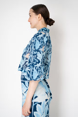Verandah Cotton Voile Cropped Balloon Sleeve Top in Blue Foliage Print Vancouver. Shop Online or in Store.