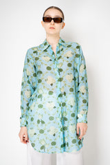 Verandah Cotton Voile Long Sleeve Shirt Dress with Tie Belt in Light Blue and Green Lotus Print Vancouver. Shop Online or in Store.