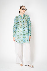 Verandah Cotton Voile Long Sleeve Shirt Dress with Tie Belt in Light Blue and Green Lotus Print Vancouver. Shop Online or in Store.