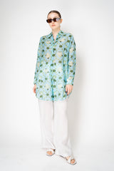 Verandah Cotton Voile Long Sleeve Shirt Dress with Tie Belt in Light Blue and Green Lotus Print Vancouver. Shop Online or in Store.