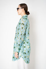 Verandah Cotton Voile Long Sleeve Shirt Dress with Tie Belt in Light Blue and Green Lotus Print Vancouver. Shop Online or in Store.