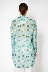 Verandah Cotton Voile Long Sleeve Shirt Dress with Tie Belt in Light Blue and Green Lotus Print Vancouver. Shop Online or in Store.