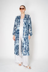 Verandah Duster Jacket with Sequin Fauna Embellishments in Blue Foliage Print Vancouver. Shop Online or in Store.