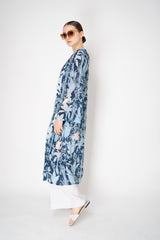 Verandah Duster Jacket with Sequin Fauna Embellishments in Blue Foliage Print Vancouver. Shop Online or in Store.